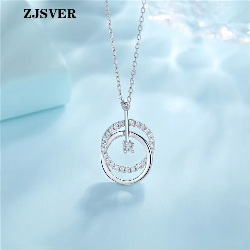

ZJSVER Fine Jewelry 925 Sterling Silver Necklace Glossy Circle&Crystal Circle Pendant Fashion Silver Chain Women Necklace Gift