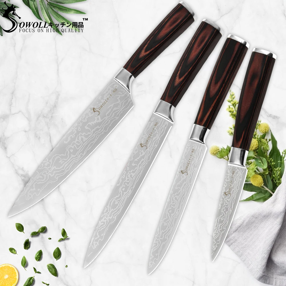 

Sowoll Stainless Steel Kitchen Knives Set Damascus Pattern Blade Kitchen Knife Utral Sharp Vege Meat Cleaver Cooking Accessories