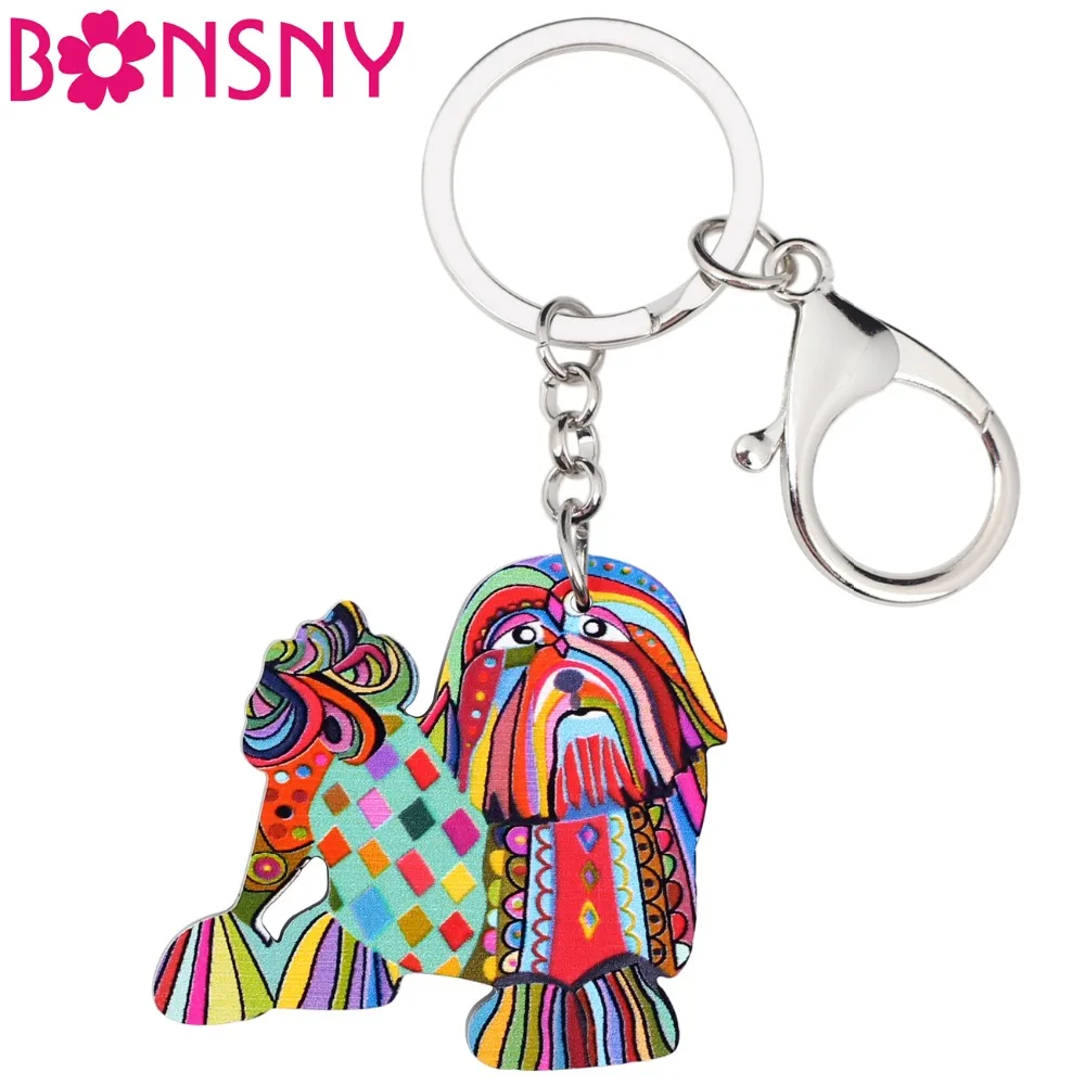 Bonsny Acrylic Cartoon Novelty Shih Tzu Pekingese Dog Key Chains Keyrings For Women Girl Car Handbag Wallet Charms Gift Bulk | Украшения и