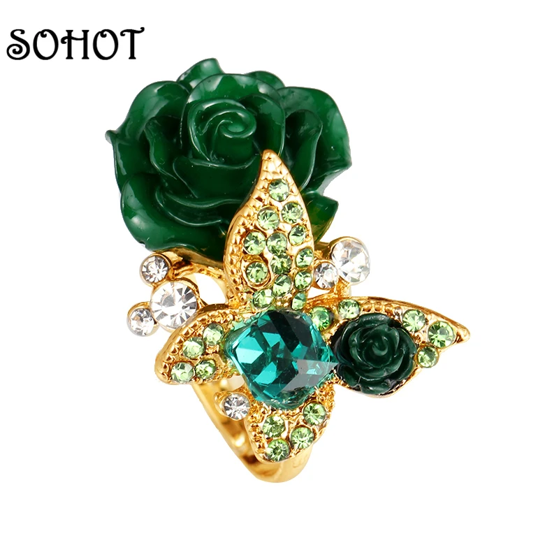

SOHOT Resin Butterfly Rose Flower Ring Bohemia Style Imitation Crystal Shiny Adjustable Jewelry Multiple Colour For Women Gift