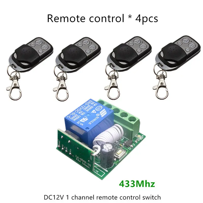 433Mhz Universal Wireless Remote Control Switch DC12V 10A 1CH Relay Receiver Module and 4pcs