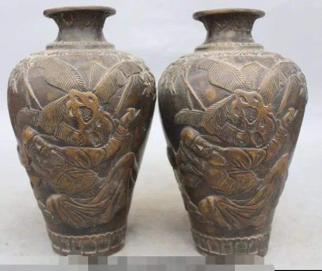 

S3189 9" Chinese Bronze Man LiBai Li Po Poets Statue HanZi Twin Flower Pot Vase Pair