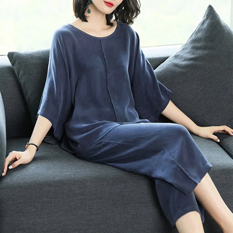 

Oversized Women Two Piece Set Spring Summer Casual Loose O-Neck Tops and Calf-Length wide-leg pants Sets 2019 Woman Tracksuit