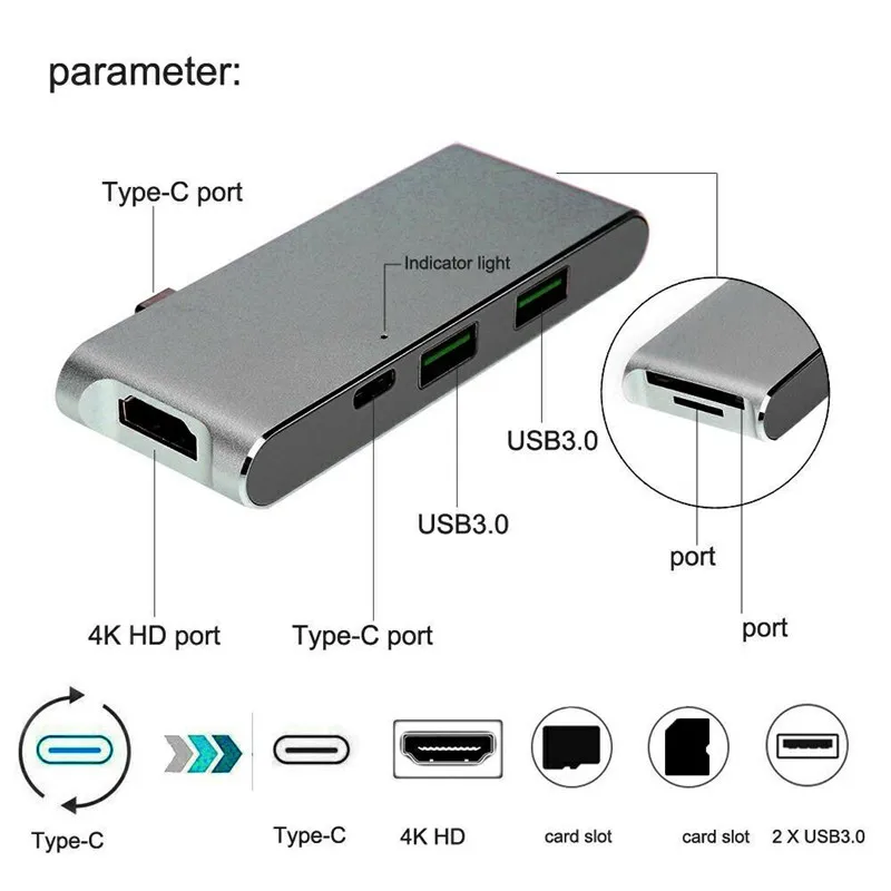 Basix USB C концентратор тип C к HDMI 4 к адаптер+ 2 USB 3,0 порта+ SD TF кардридер+ Тип C зарядка PD концентратор для MacBook Pro USB-C концентратор