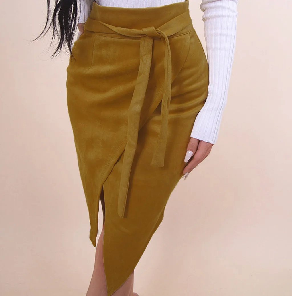 

Sexy Knee-Length skirt High waist skirt ladies Women Summer Skirts Solid Asymmetrical Tie Sashes Knee-Length Skirt T424