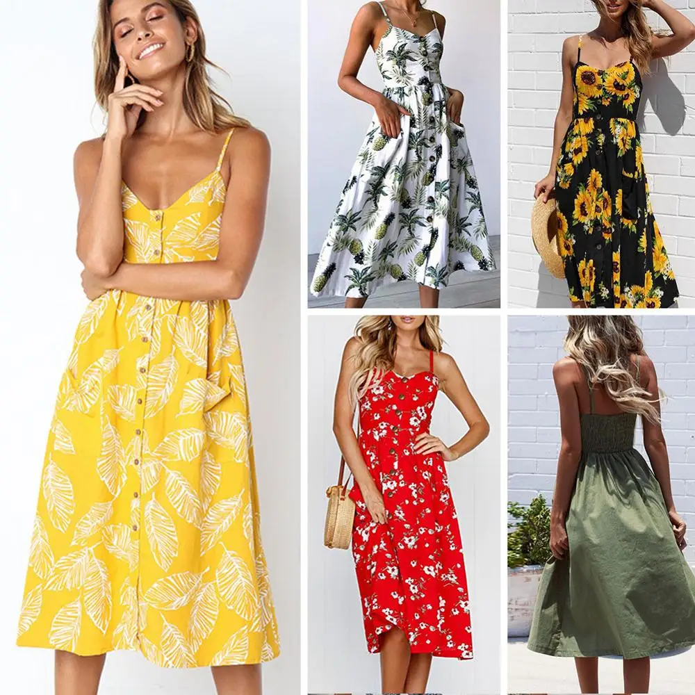 

Spasril 2019 Women Sling Dress Stylish Flower Printing Sexy Back-Exposed Suspender Dresses Summer Beach Female Gown With Pockets
