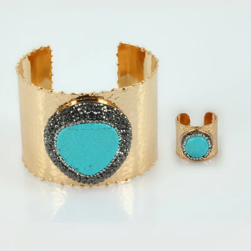 

Luxury Jewelry Heart & Round Blue Tuquoises Stone Charms in Pure Gold Color Frame Open Cuff Bangle Ring Jewelry Set for Women