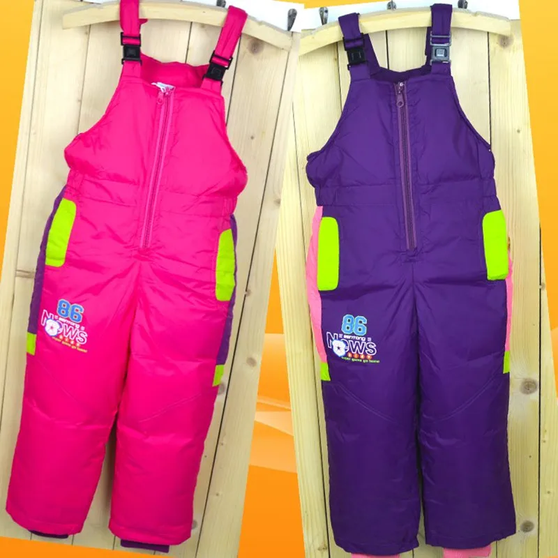 ФОТО Winter Children's Ski Pants Down  Boys And Girls High Waist Trousers Thick Warm Strap Down Pants For 3-9 year