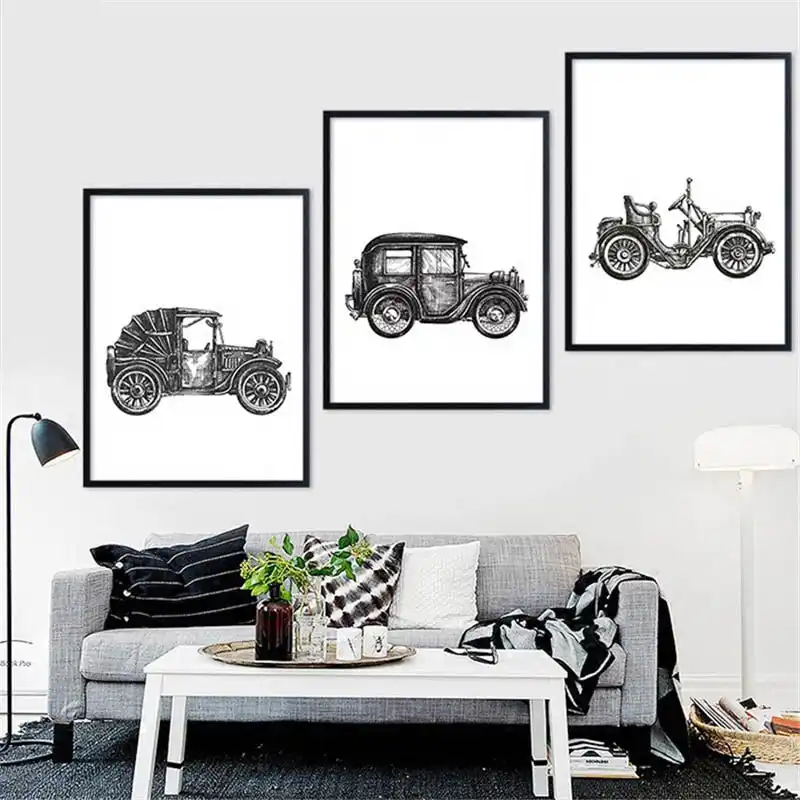 Modern Black And White Minimalist Poster Print Bedroom Wall Vintage Old Car Painting Nordic Canvas Pictures Home Decor Framework