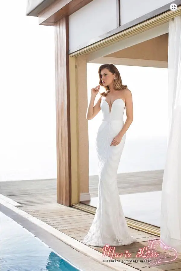 2014 New Fashion Marie Lise Beach Wedding Dress Deep V Neck Beading Low Backless Dresses Free Shipping 100140695 | Свадьбы и