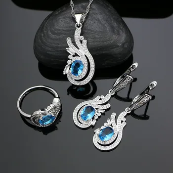 

925 Sterling Silver Jewelry Sets For Women Sky Blue Cubic Zirconia White Crystal Drop Earrings Ring Necklace Pendant Set