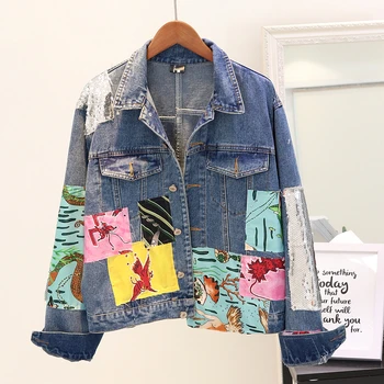 

2018 Spring Autumn New Fashion Denim Jacket Female Sequins Irregular Patch Designs Jeans Coats Women Harajuku Casual Denim Coat