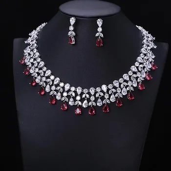 

Newest Luxury Sparking Brilliant Cubic Zircon red Earrings Necklace Heavy Dinner Jewelry Sst Wedding Bridal Dress Accessories