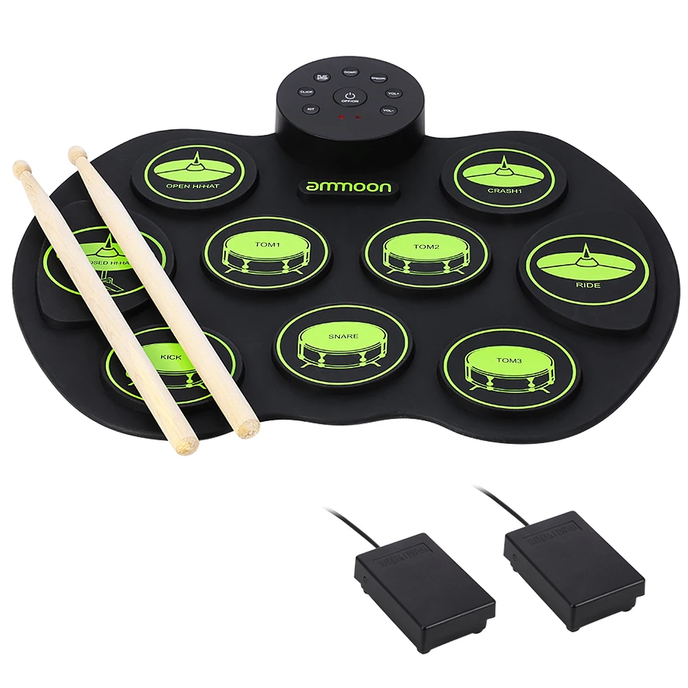 Portable Electronic Drum Set Digital Roll-Up Touch Sensitive Practice Drum Kit 2 Foot Pedals for Kids Beginners No Speakers