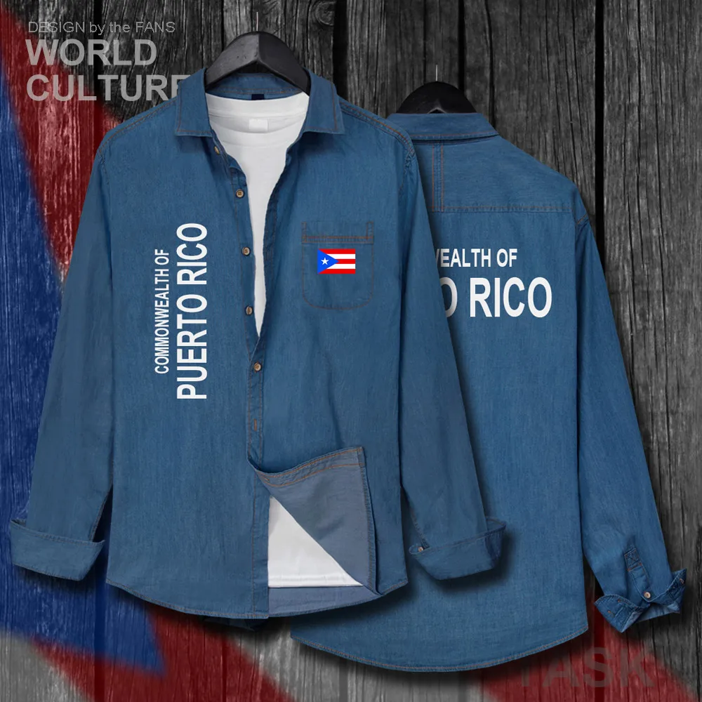 

Puerto Rico Rican PRI PR Men Flags Clothes Spring Autumn Cotton Long Sleeve Cowboy Coat Fashion Turn-down Collar Jeans Shirt Top