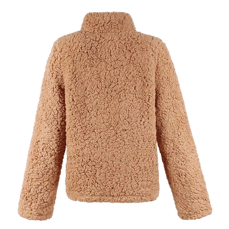 Модные женские плюшевые пальто осень зима сплошной ягненок пуховой свитер с длинным рукавом стоячий воротник молния твердые пуловеры Теплые Топы пальто