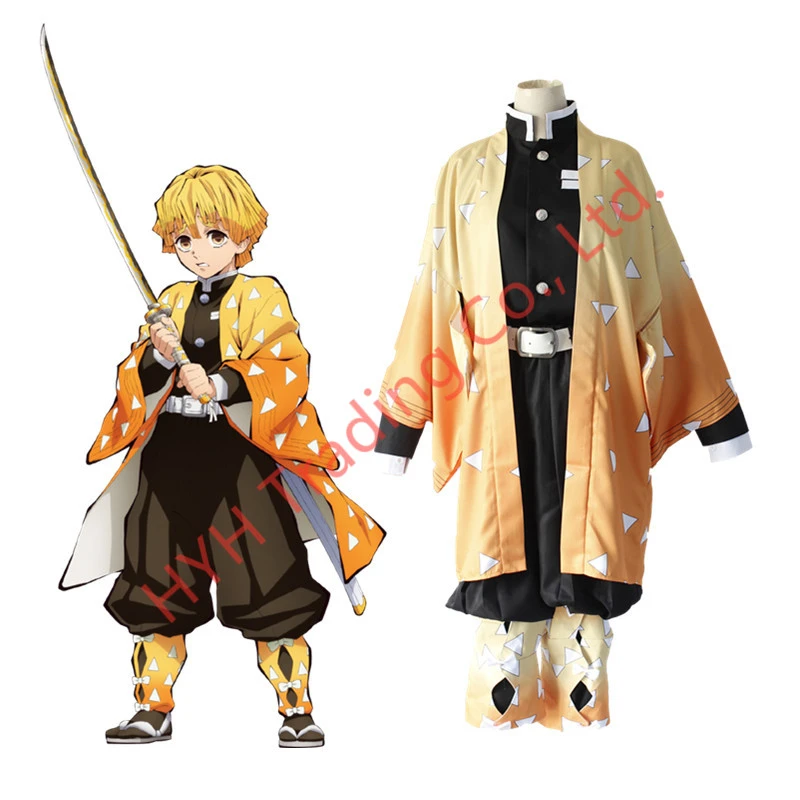 

Japanese Anime Demon Slayer Kimetsu no Yaiba Agatsuma Zenitsu Cosplay Costume Men's Kimono Uniform Outfit Halloween Party Suit