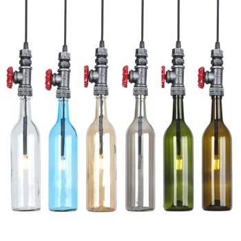 

Retro loft industrial water pipe pendant lights glass wine bottle LED hanging lamps for kitchen living room restaurant bar cafe