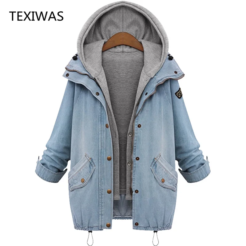

TEXIWAS 2018 Spring and Autumn New Long sleeves Loose Casual Denim Jacket plus Hooded high quality Female suit