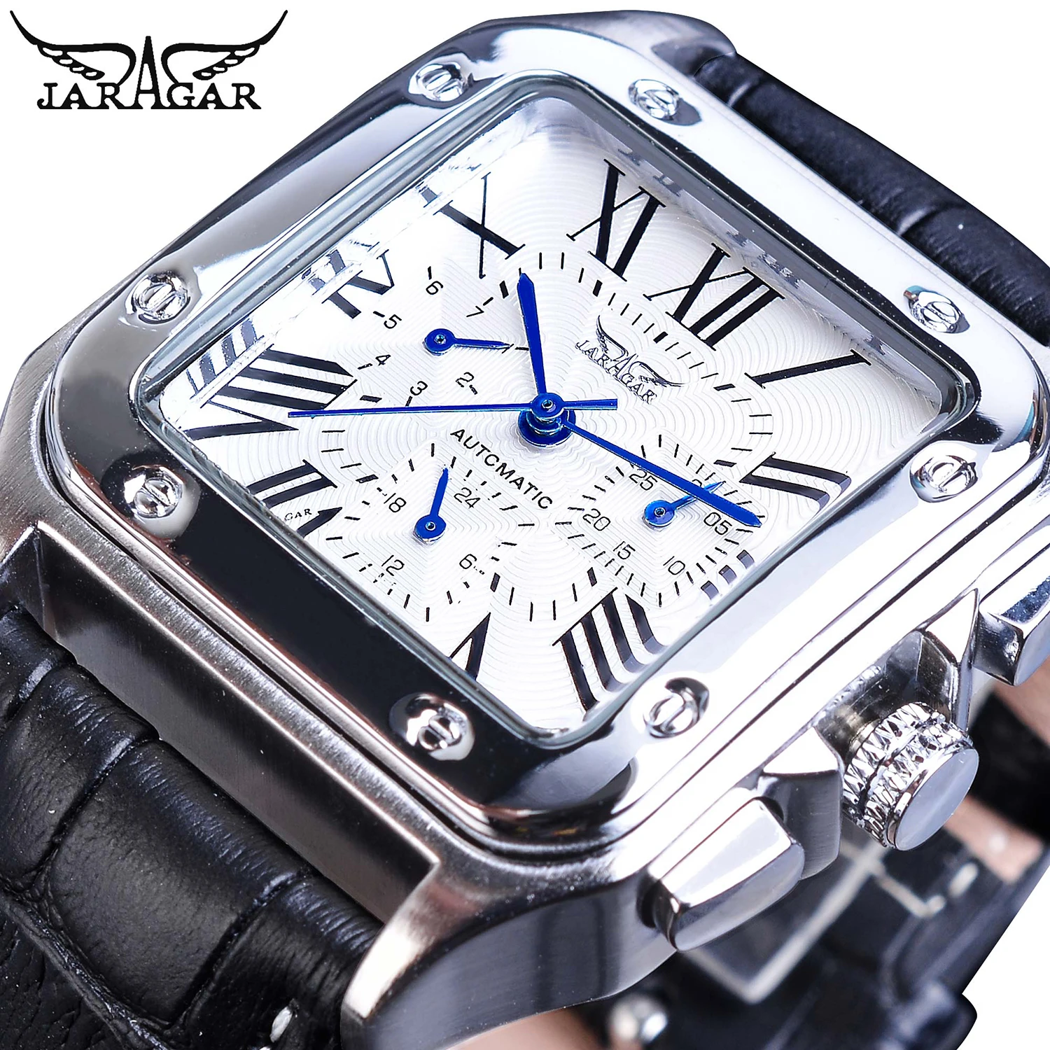 

Jaragar Fashion Square White Dial Men's Automatic Mechanical Watch Date Roman Analog Reloj Male Leather Wristwatch Montre Homme