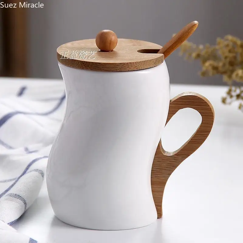 Best Creative household artistic personality handle white pottery porcelain cup with spoon and cover milk coffee cup mug