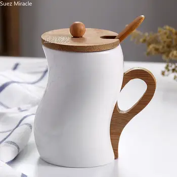 

Creative household artistic personality handle white pottery porcelain cup with spoon and cover milk coffee cup mug