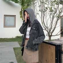 Осень корейский вариант Свободные Дикий Harajuku с длинными рукавами с капюшоном джинсовая куртка Женские повседневные топы