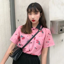 Summer Women's Korean version of the fresh pink temperament flower print shirt loose casual short-sleeved shirt Tops