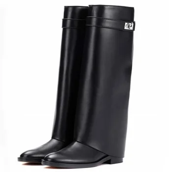 Genuine Leather Black Shark Lock Boot Silver Buckle Pointed Toe Flat Women Boots Knee High Ladies Winter Long Boot Ridding Boot tanie i dobre opinie Gullick Microfiber Knee-High Fits true to size take your normal size Round Toe Spring Autumn Slip-On Solid Flat with Motorcycle boots