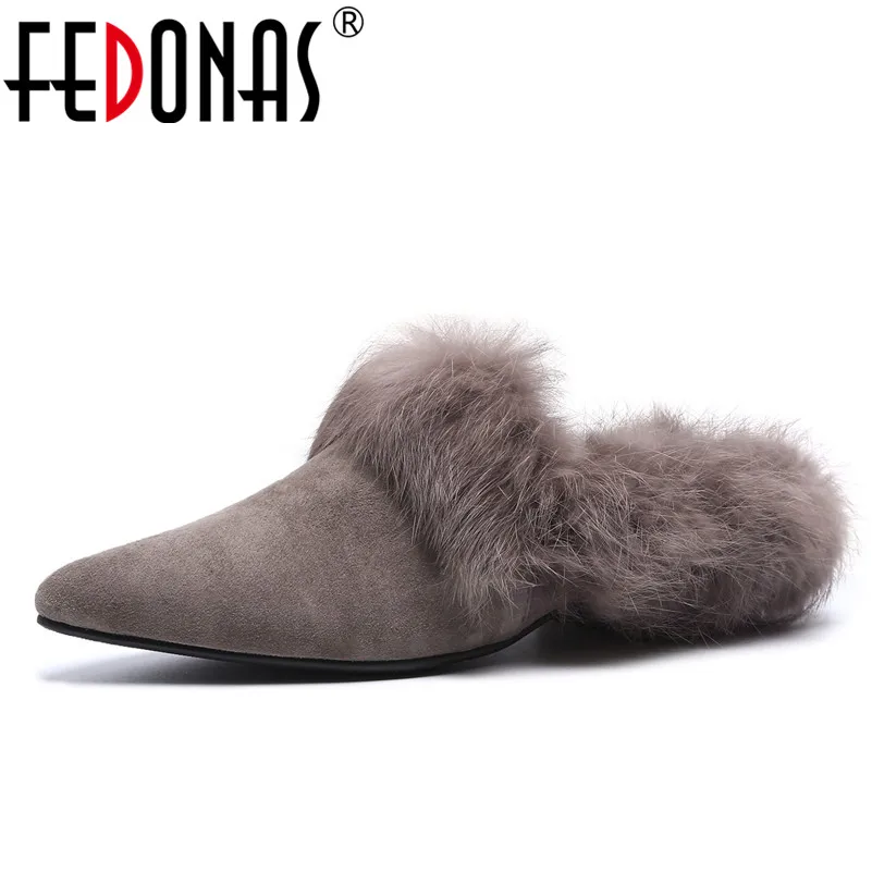 FEDONAS модные, пикантные острый носок слинбэки на низком каблуке удобная повседневная обувь женские меховые зимние вечерние Клубные Туфли на