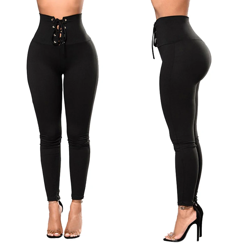 Элегантные новые весенние обтягивающие леггинсы с высокой талией черные пикантные женские лекинсы штаны со шнуровкой