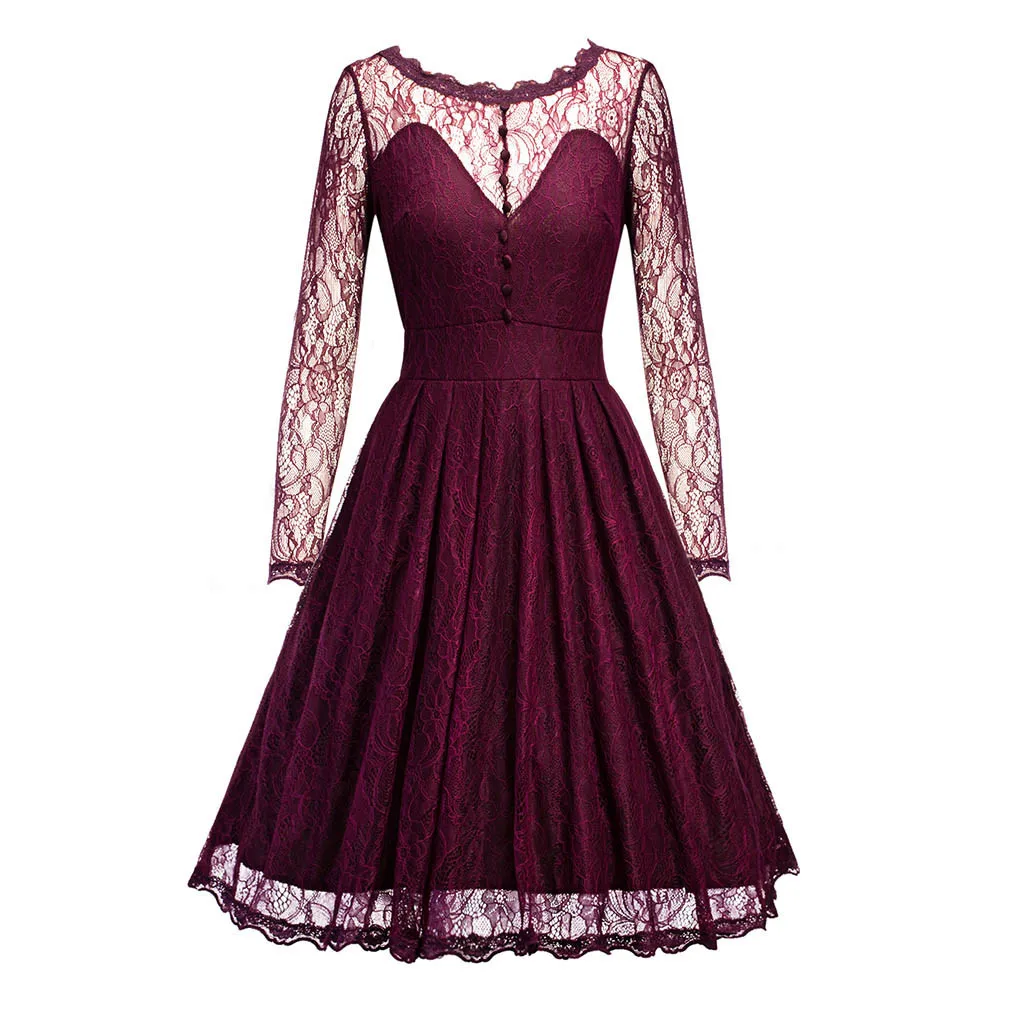 

Ladies Lace Vintage Wine Red Large Dress Summer Elegant Casual Five-Point Sleeves Solid Color Straight Knee-Length Dresses #LR4