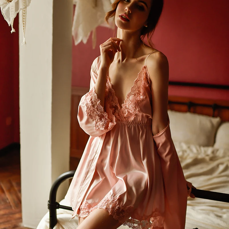 Women summer sleepwear thin nightdress suit ice silk robe suit Sexy Home Clothes Robe& Gown Sets