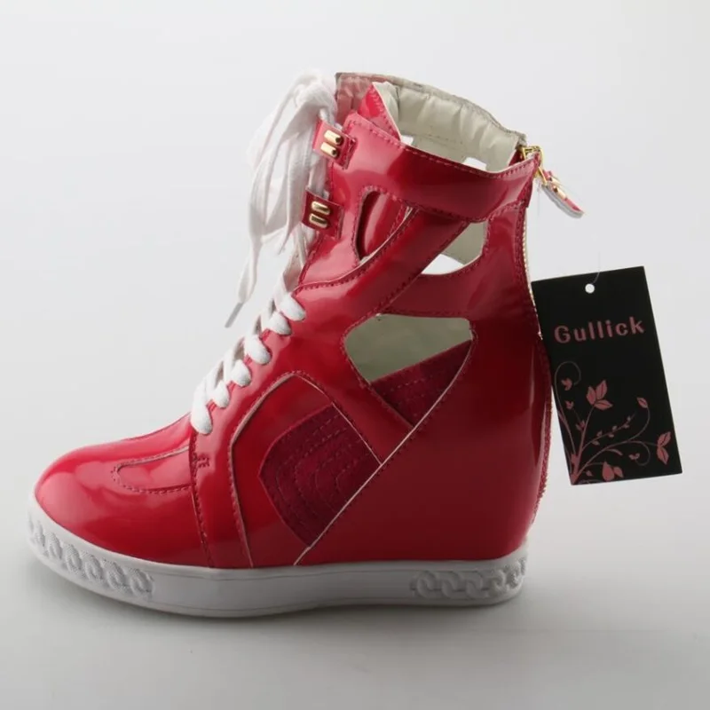 

Red Casual Height Incresaing Woman Boots Fashion Cross-tied Round Toe Patent Leather Shoes Casual Walking Lace-Up Spring Shoes