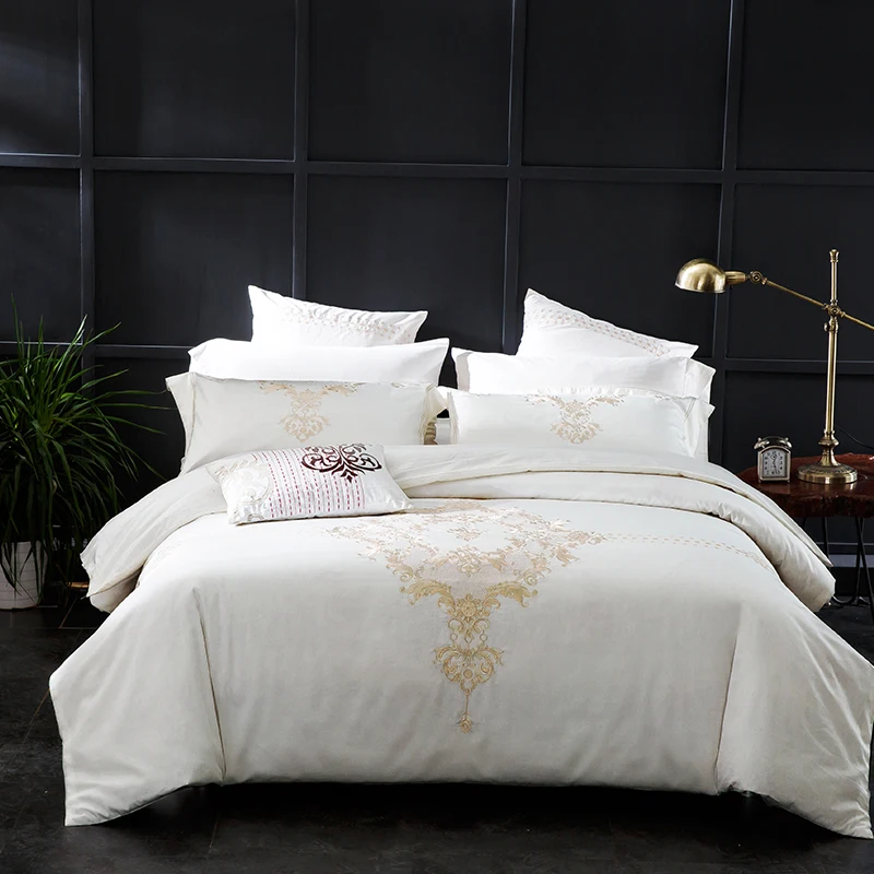 Waliicorners 60SEgyptian Cotton Embroidered Luxury Royal Bedding Set 4/6Pcs King Queen Size Duvet Cover Bed Sheet set Decorative Pillowcases 56 14