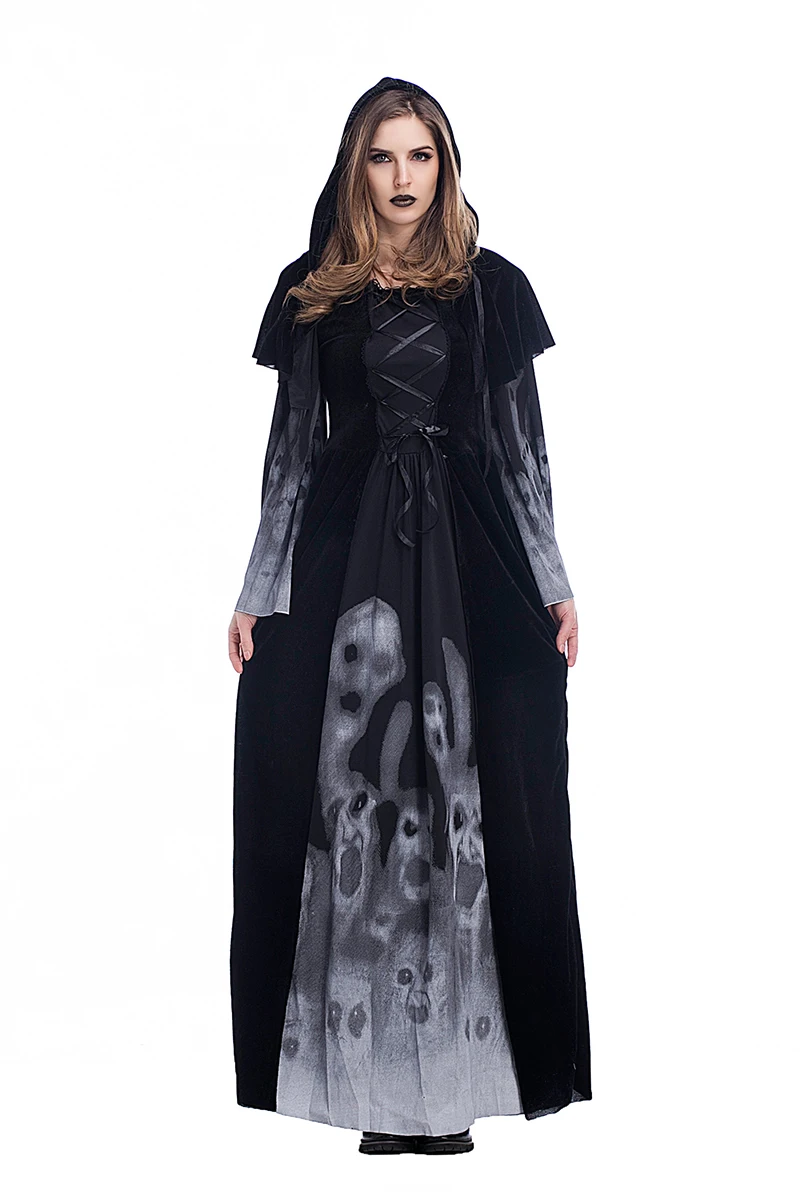 Взрослая женщина Хэллоуин страшное готическое платье Скелет пиратский костюм wicca ведьма вампир злой плащ с капюшоном для девочек S-L