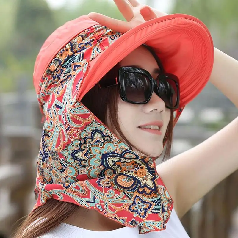 Lady Women Summer Outdoor Hat Cap Riding Anti-UV Sun Hat Beach Foldable Sunscreen Floral Print Caps Neck Face Wide Brim Hat