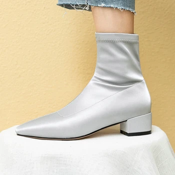 

EshtonShero Women Ankle Boots Shoes Woman Med Heels Stretch Fabric Pointed Toe Platform Ladies Motorcycle Sock Boots Size 3-12