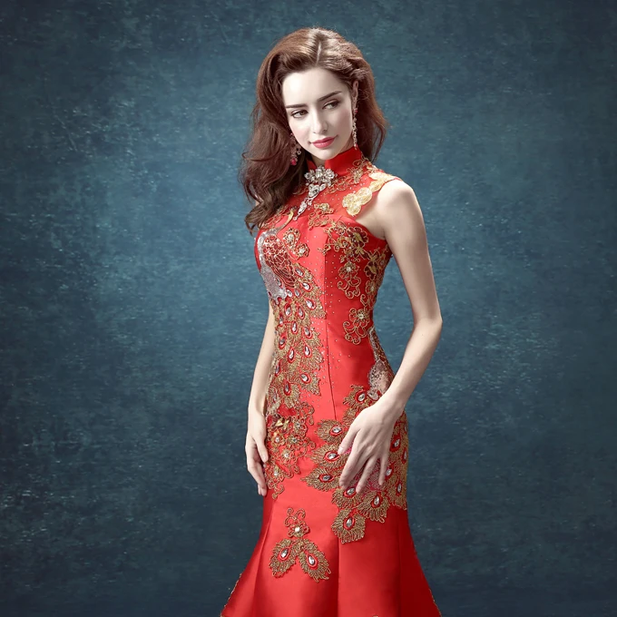 Традиционное китайское свадебное длинное парча с изображением дракона золотое кружево красное qipao qi pao платья традиционное красное свадебное платье blu - Цвет: Красный