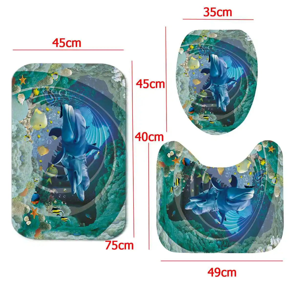 4PCS 180x180cm Waterproof Underwater World Dolphin Shower Curtain Floor Mat With 12 Hooks For Home Bathroom Tub Bathtub Decor