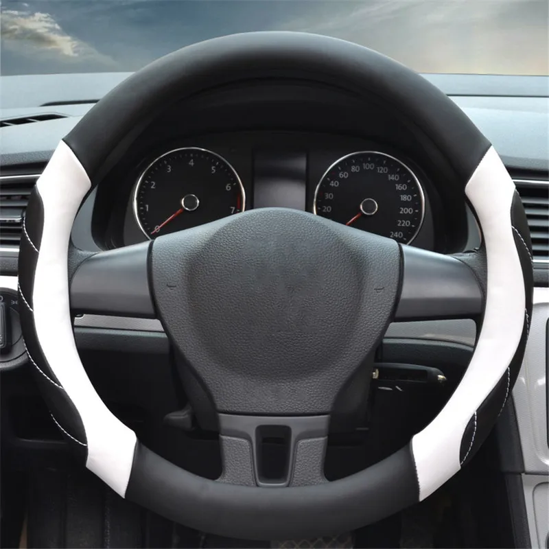 

1pc Microfiber Leather Black White Line Non-slip Breathable Car Steering Wheel Covers Diameter 38 Cm