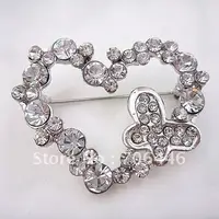 Покрытые серебром со стразами кристалл сердце и бабочка брошь - изображение