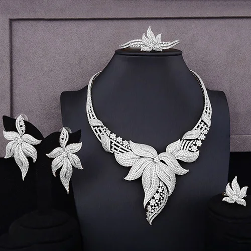 GODKI Роскошные вечерние королевские листья 4 шт нигерийский набор украшений для женщин свадебный Циркон индийский Африканский Свадебный ювелирный набор - Окраска металла: Silver