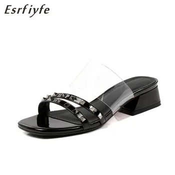 

ESRFIYFE 2018 New Summer Fashion Style Rivet Slippers Female Transparent Pvc Open-toed High Heels Lady Square Heel Slippers