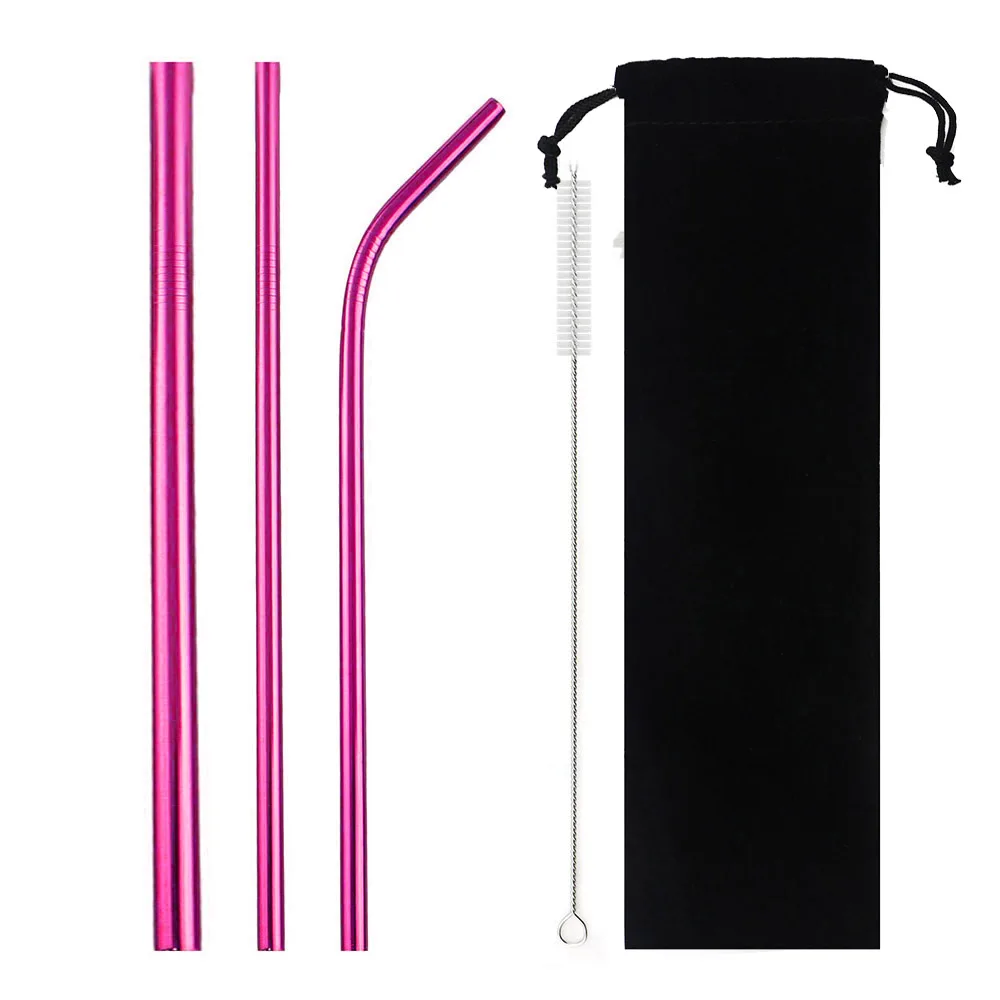 

5-Pcs Metal Reusable Straw Colorful Pink Eco-Friendly Drinking Straws Set 304 Stainless Steel Straw Set with Brush Pouch Bag