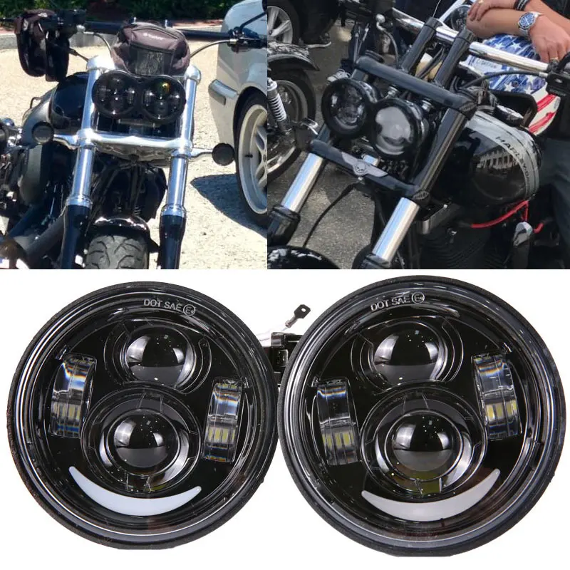

Black/Chrome LED Fat Bob Motorcycle Dual Headlight Assembly Headlamp Replacement with DRL for - Dyna Fat Bob FXDF