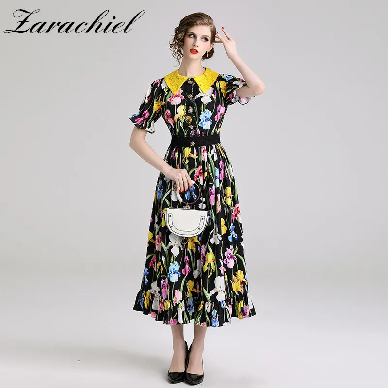 

Tulips Print Floral Long Dress 2019 Summer Women Ruffles Short Sleeve Lace Collar Tiger Head Gold Button Runway Maxi Dresses