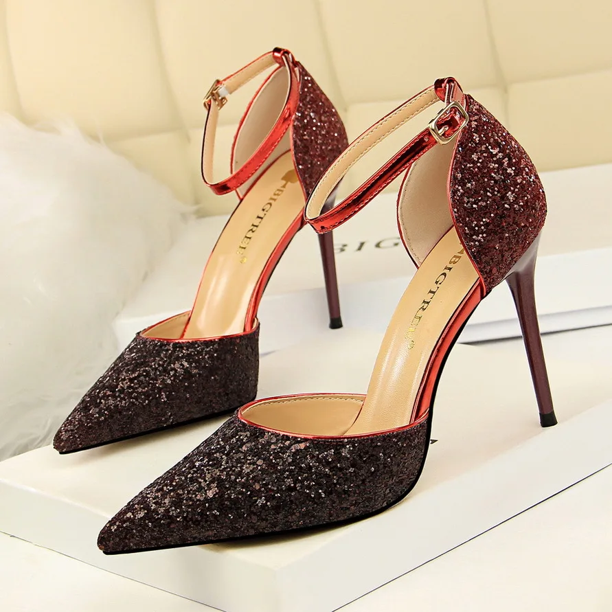 

New 2018 Sexy Night Club Party Shoes Ankle Buckle Fashion Women's Sandals Sequined Cloth Bling High Heels Shoes Ladies Wedding
