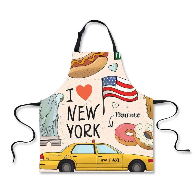 

FORUDESIGNS New York Travel Sticker Apron Chef Waiter Kitchen Cook Apron With Pockets Polyester Halter Bib Delantal Cocina