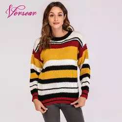 Versear 2019 осень-зима Для женщин вязаный свитер в разноцветную полоску с круглым вырезом и длинными рукавами в рубчик негабаритных